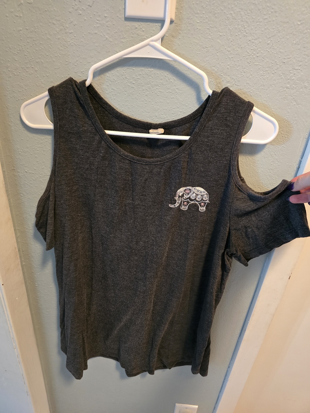 Women's Dark Gray Cold-Shoulder Top with Embroidered Elephant